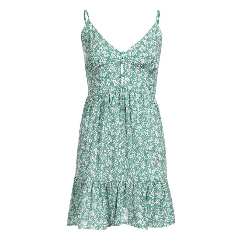 

Hot 2019 Women's Sleeveless Mini Dress Stretchy Floral Print Spaghetti Strap Buttons V Neck Dresses