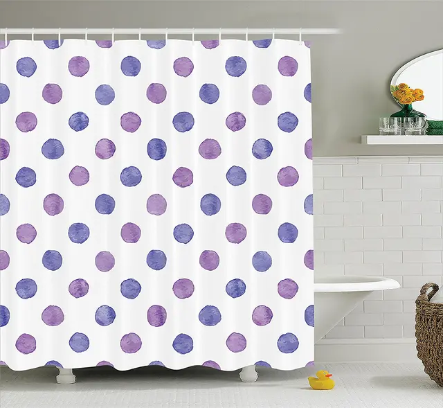Purple Decor Shower Curtain Set Watercolor Paint Style Nostalgic Polka