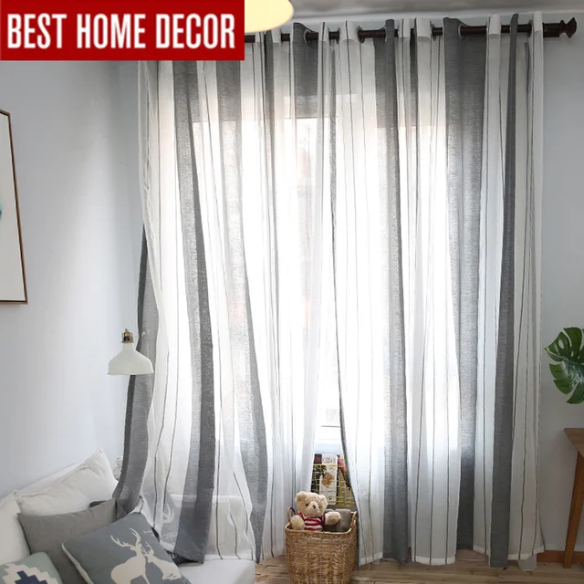 Elka moderne linnen gestreepte tulle sheer gordijnen voor woonkamer ... Elka moderne linnen gestreepte tulle sheer gordijnen voor woonkamer ...