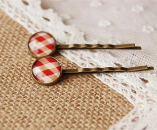Urban Youth Red White Scottish font b Tartan b font Print Glass Cabochon Hairpins for Girls