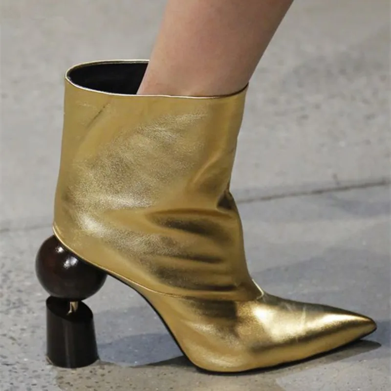 

2019 New Fashion Ankle Booties Abnormal Strange Style High Heels Pointed Toe Gold Black Leather Women Boots Building Block