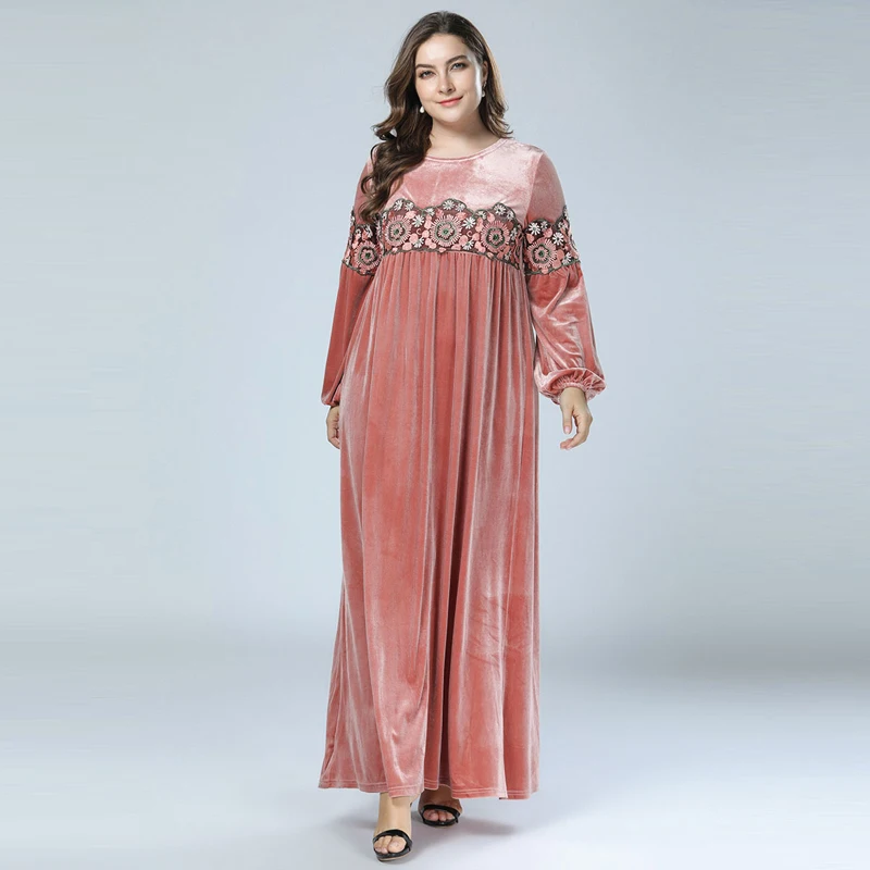 

Pink Elegant Embroidery Maxi Dress Velvet Floral Loose Long Robe Gowns Vintage Muslim Autumn Winter Ramadan Islamic Clothing 4XL