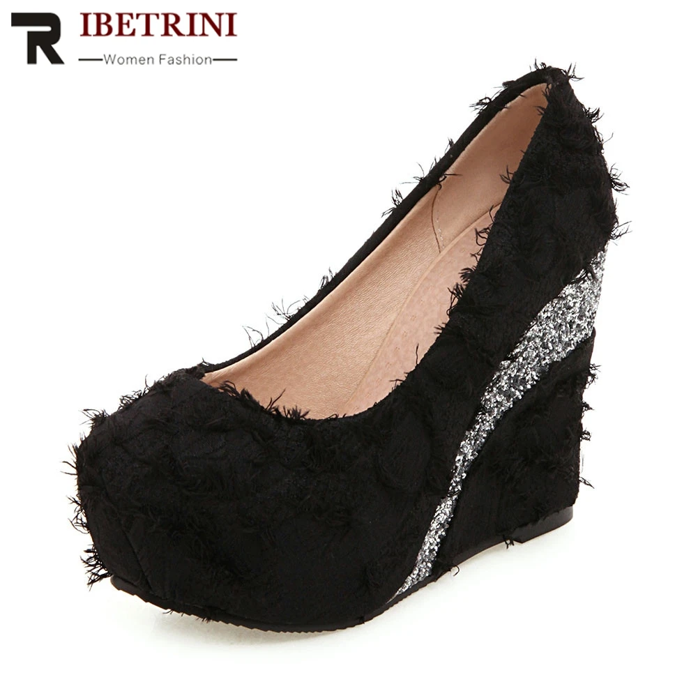 

RIBETRINI New Fashion Big Size 33-43 Spring Autumn Pumps Ladies Wedges High Heels Platform Shoes Woman Casual Party Ol Pumps