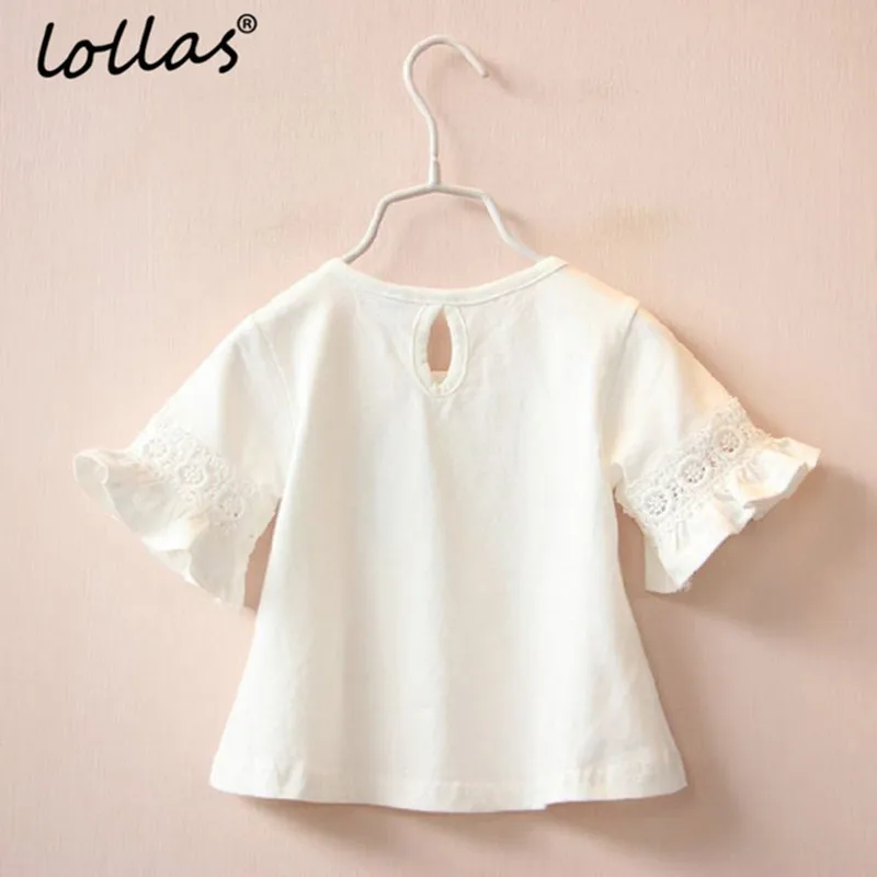 

Lollas Summer New Brand Girl Princess Lace Round Neck Trumpet Sleeve Short-Sleeve T-Shirt White Pink Tops Clothes