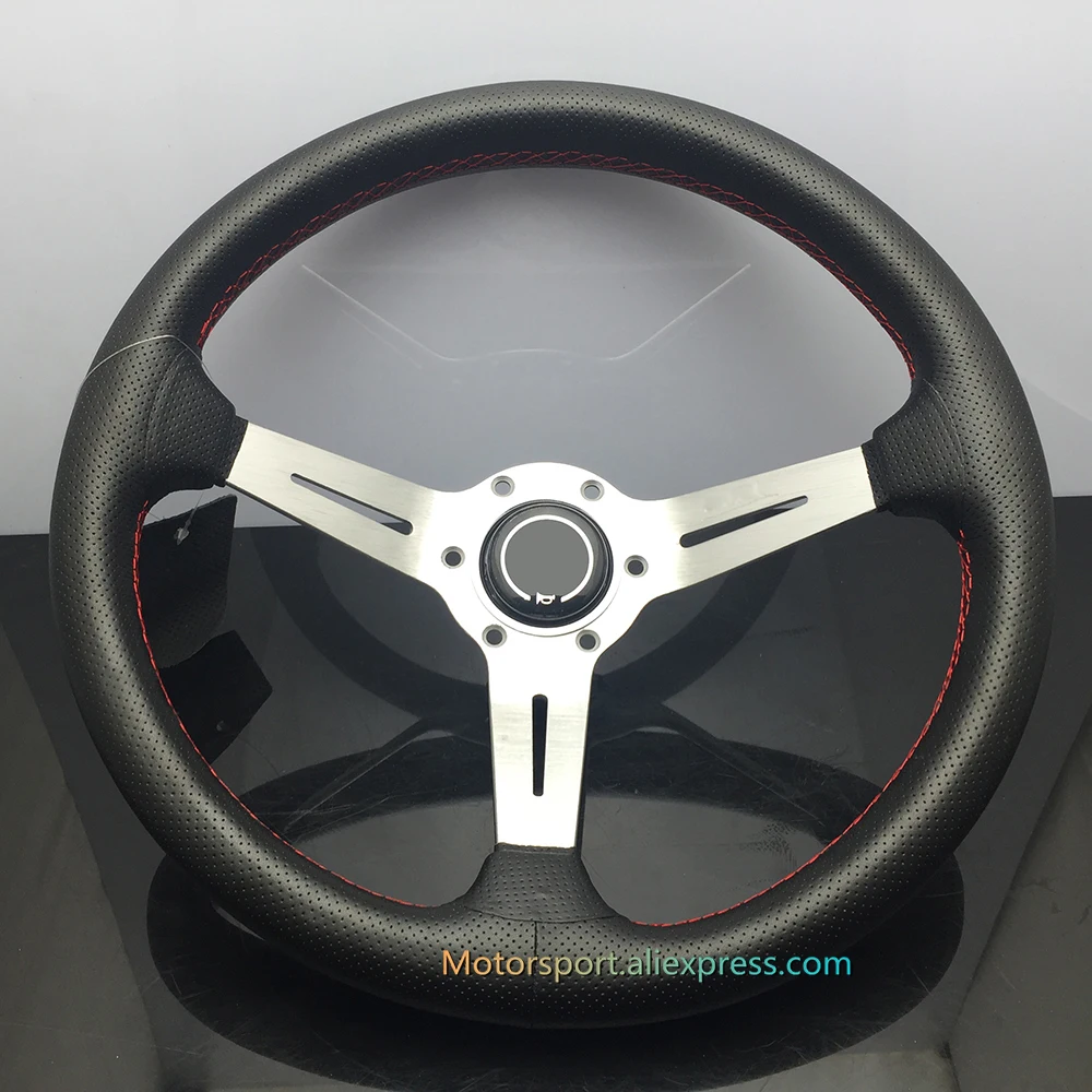 

350mm Universal Pin-hole Leather Steering Wheel ND Racing Car Steering Wheel With Silver/Black/Titanium Spoke