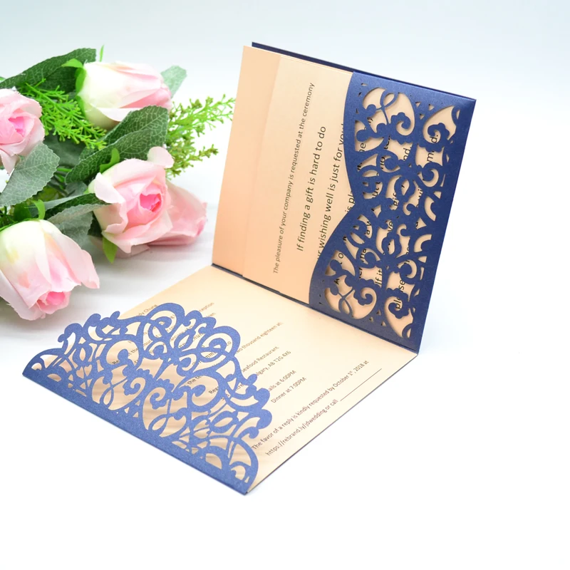 

Tri-folding Navy Dark Blue Pocket Inivitation Card Decorations For Wedding