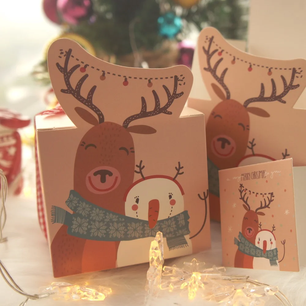 

30pcs Christmas is be there elk friends design Paper Box with ribbon card as candy Cookie gift Packaging DIY gift Use