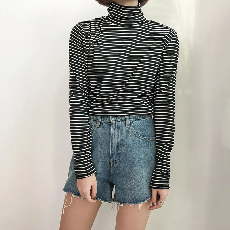

2019 New Korean Women Basic Stripe T-shirt Autumn Winter Turtleneck Long Sleeve Slim T Shirt Female Casual All-match Tops Tees