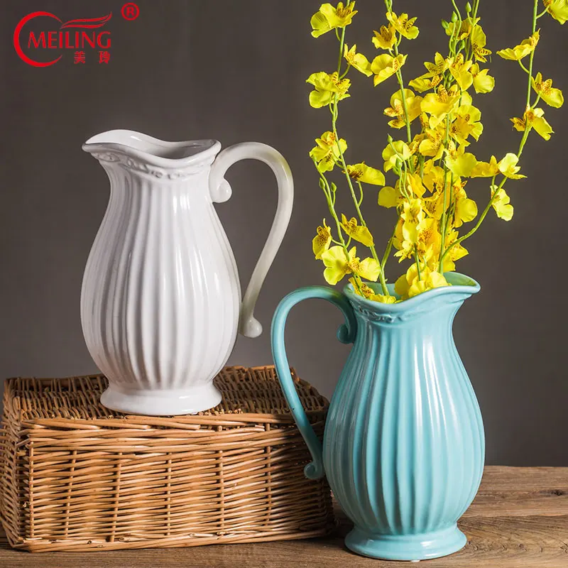 

2017 New Style Modern White Ceramic Vases For House Decoration Vase Flower with Handle for Wedding Centerpieces Promotion