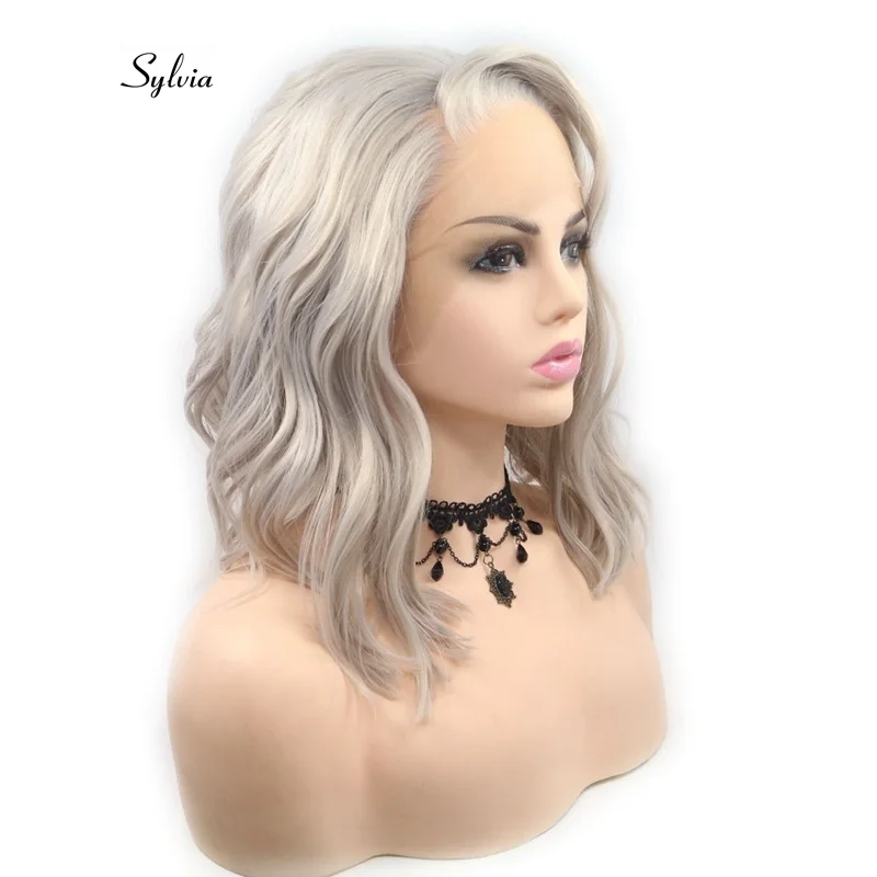 Sylvia серебристо-серый цвет Короткие вьющиеся парики синтетические кружева спереди боб парик боковая часть термостойкие волокна волос парики для женщин волос
