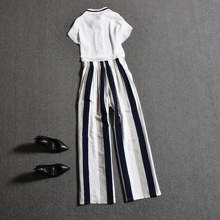 Europe Style Summer 2 Pcs Sets Women Flare Sleeve Ruffles Lace Up Blouses Shirts Tops And Stripped Print Pants Suit Set NS154