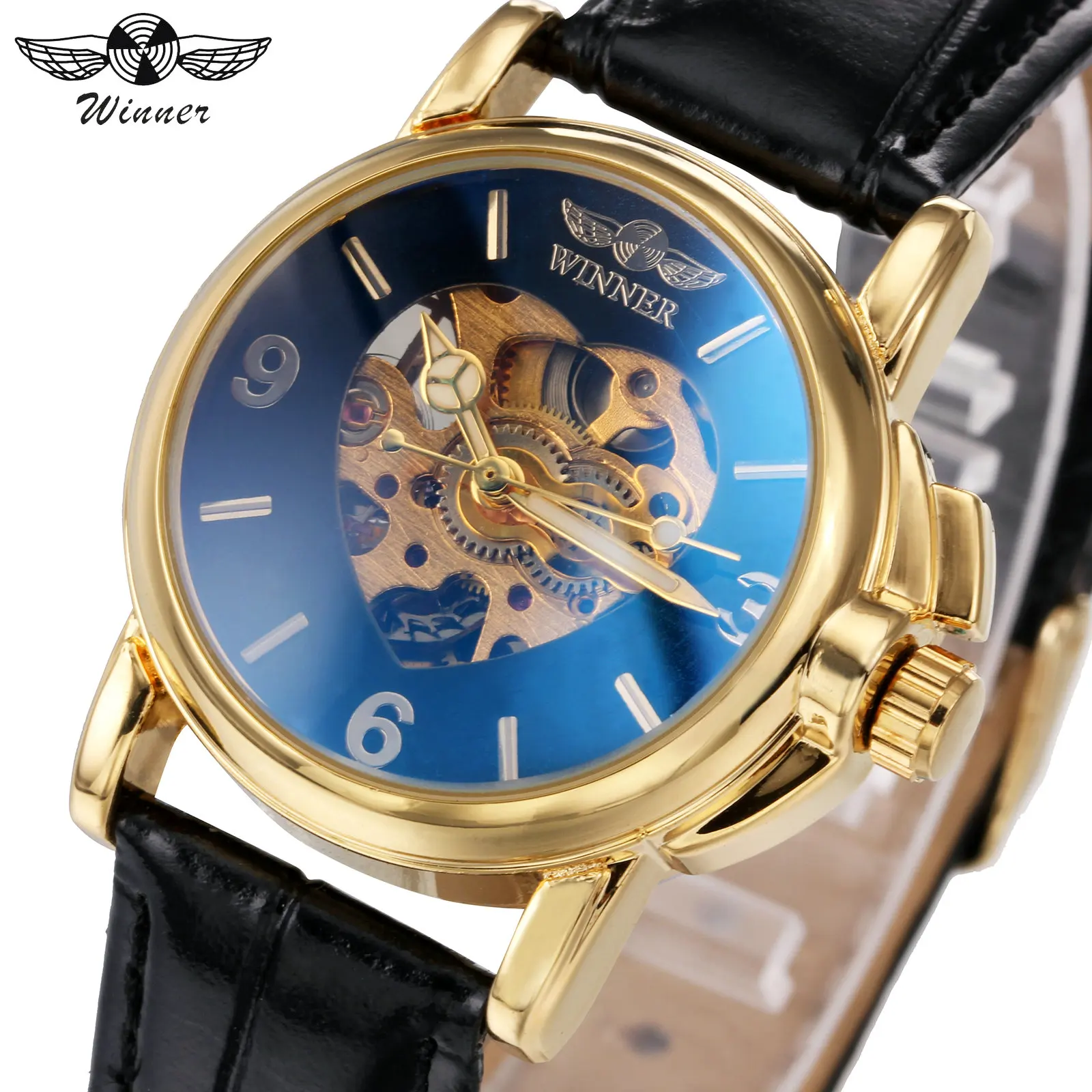 WINNER Мода Скелет автоматические женские часы Blue-ray зеркальные часы «арабский номер» циферблат механические часы, кожа Топ бренд класса люкс
