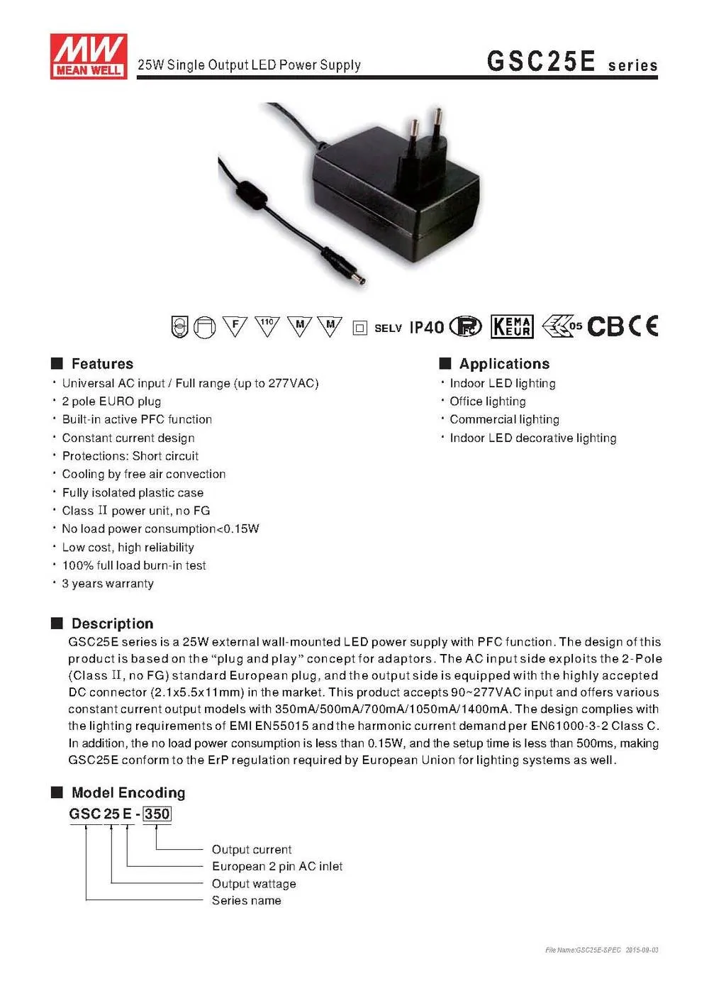 MeanwellGSC25E-350/500/700/1050/1400MA светодиодный адаптер постоянного тока PFC мощностью 25 Вт