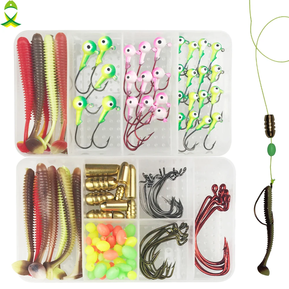 

JSM 125pcs/lot Lure Fishing Accessories Set For Texas Rig Brass Bullet sinker lead head hook Jig with double fishing tackle box
