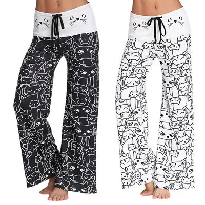 

2018 Fashion Women's Digital Print Cartoon Cat Pattern Drawstring Wide Leg Pants Loose Straight Trousers Long Female Plus Size