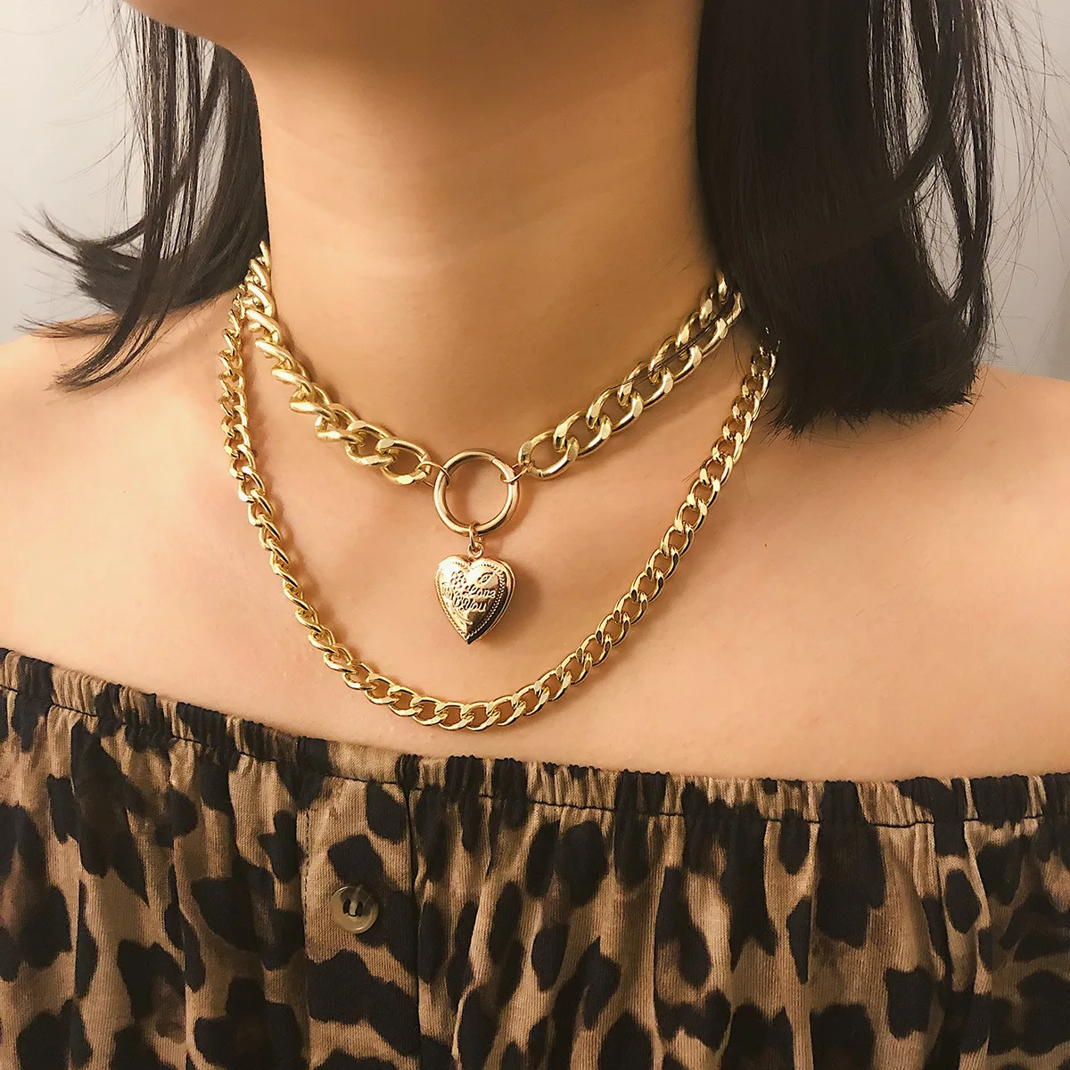 

Fashion Gold Silver Color Openable Heart Choker Necklace Thick Chain Pendant Necklace Women Layered Statement Necklace Collier