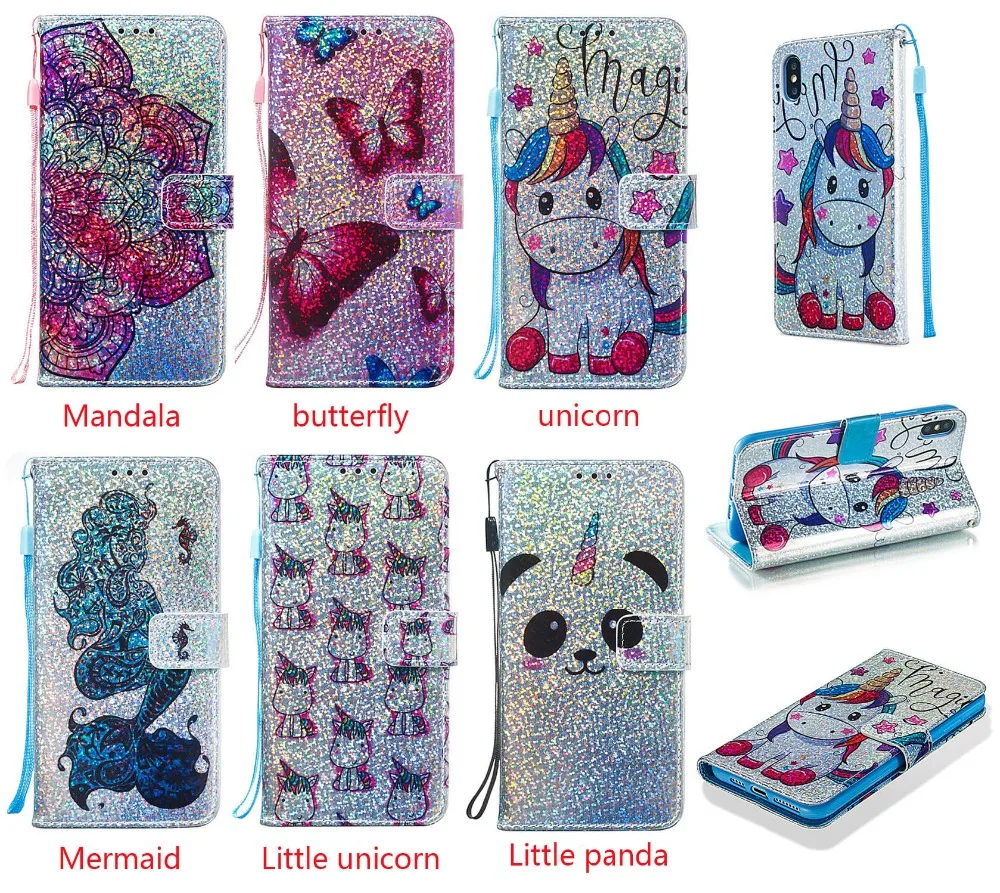 

luxury Glitter unicorn panda butterfly Stand Flip PU Leather Case For samsung S8 S9 S10 S8plus S9plus S10plus Phone Cover Fundas