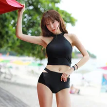 Купальный костюм, женские купальники, лето, женский купальник с высокой талией, два предмета, 18, новинка, корейский, пуш-ап, на косточках, черный, сексуальный, хлопок