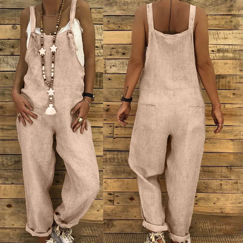 

Womens Linen Bohemian Long Playsuit Dungarees Harem Pants Ladies Overall Loose Sleeveless Solid Casual Jumpsuit