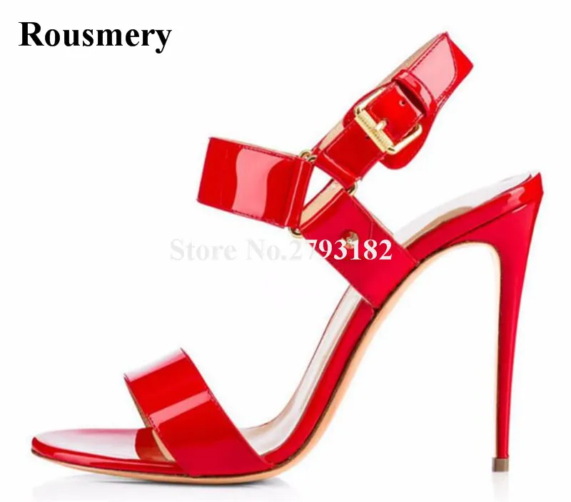 

High Quality Women Fashion Open Toe Patent Leather Buckles Stiletto Heel Sandals Nude Red Blue Thin Heel Straps High Heel Sandal