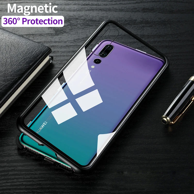Magnetic-Adsorption-Flip-Case-for-Huawei-P20-Pro-Tempered-Glass-Back-Cover-Luxury-Metal-Bumpers-for