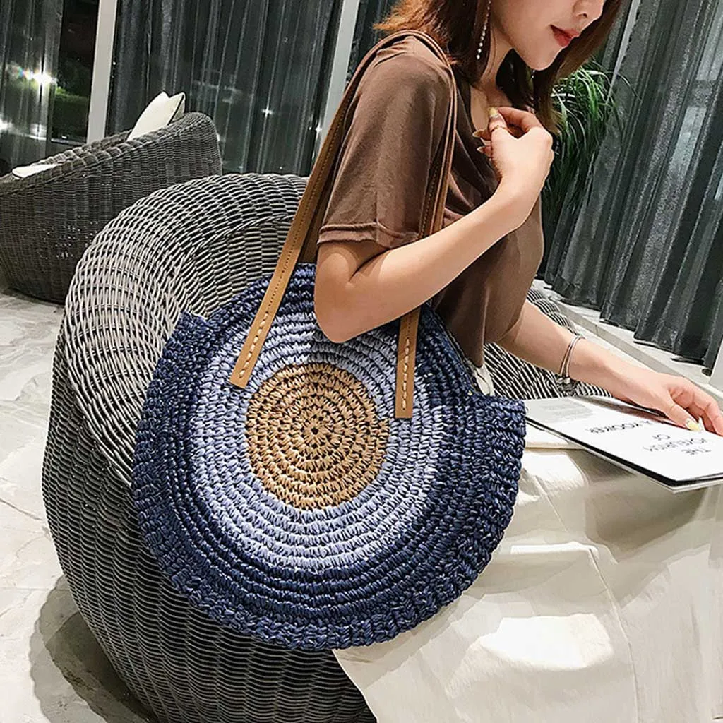 

2019 Round New Straw Woven Temperament Woman bag Casual Style Shoulder Bags Shopping Bag Summer Rattan Bags