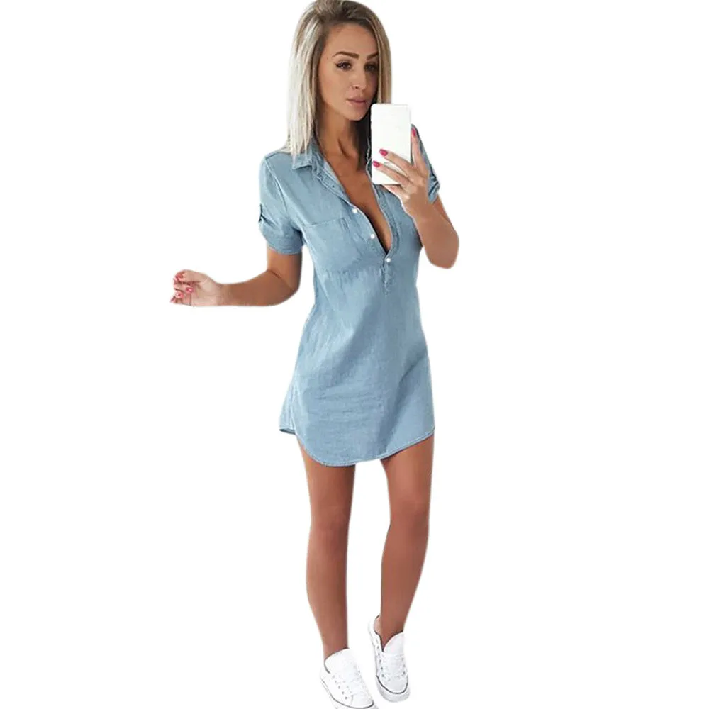

Girl Clothes Summer Dress Women Air Transport Factory Direct Wearing Short-Sleeved Sexy Dress Girl Solid Color Denim Mini Dress