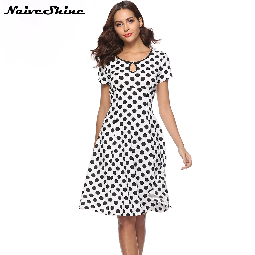 

Naive Shine Womens Elegant Vintage Office Casual Summer Dresses Short Sleeve O-neck Polka Dots Swing White Black Party Dresses