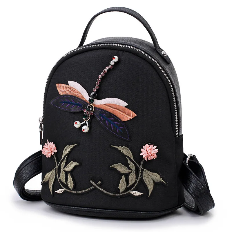 

ONEFULL new portable oxford backpack women black national wind dragonfly flower embroidery animal prints teenage laptop backpack