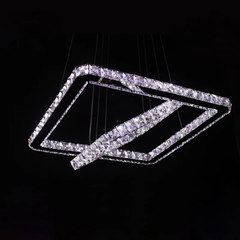 Современный светодиодный подвесной светильник из нержавеющей стали, 2 квадратных кольца, хромированная отделка, прозрачный кристалл K9, светодиодные подвесные светильники для столовой