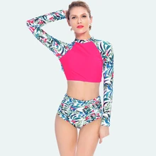 Palm Leaf Tropical Print Floral Surfing Padded High Waisted Long Sleeve Swimwear Crop Top Sporty Beachwear Tankini Swimsuit 2018 plus size palm leaf floral print tankini