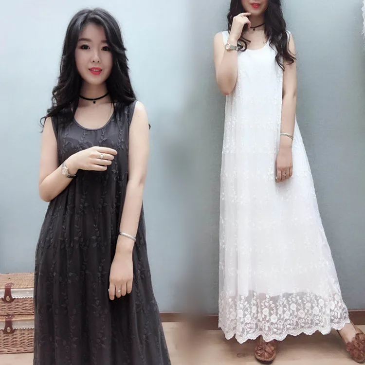 

Women Plus Size Modal Tank Dress Mori Girl Style Embroidery Floral Lace Long Maxi Dress Summer Elastic Casual Underdress 1810