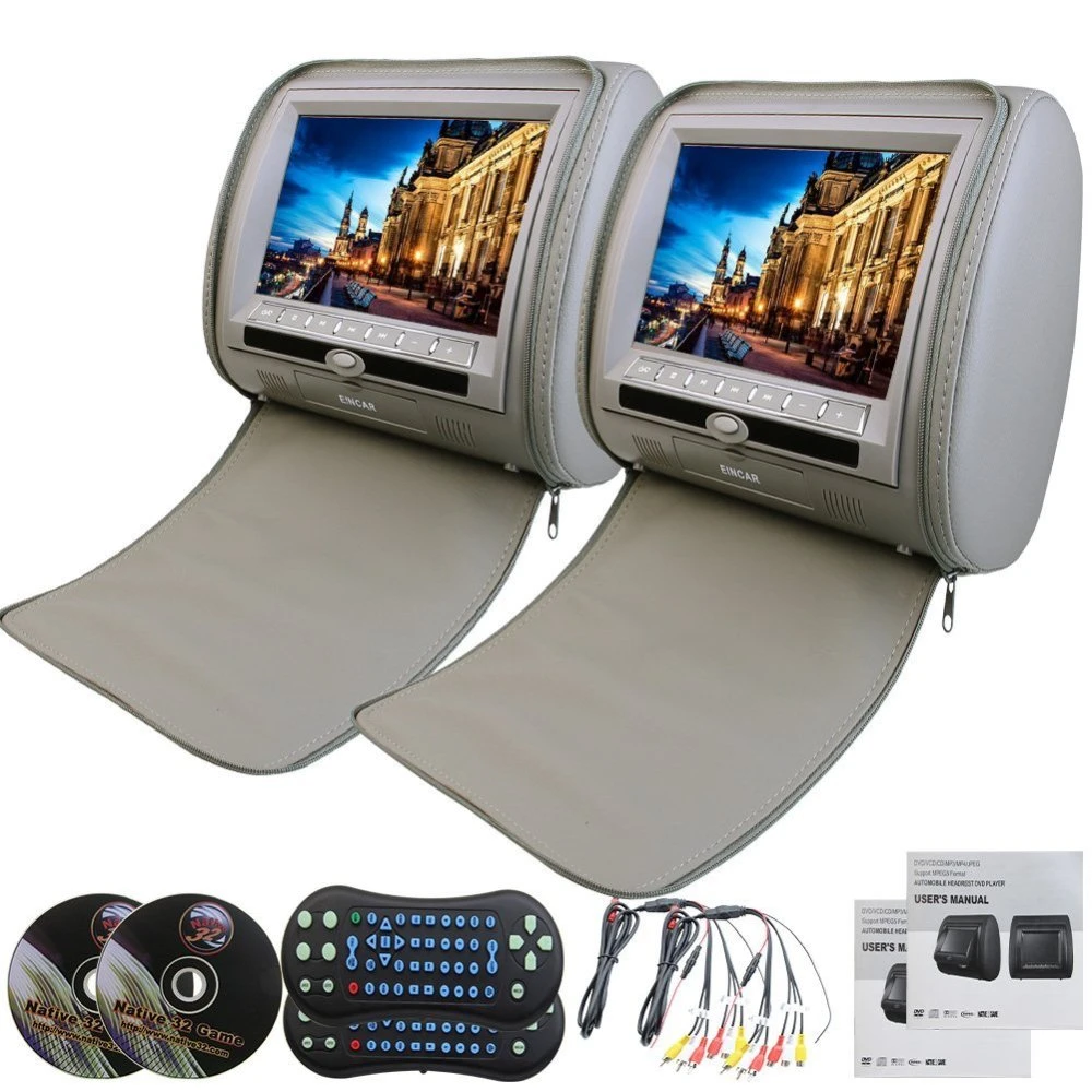 Par de reposacabezas reproductor de DVD 9 ''almohada gris monitores USB SD VIDEO 32 juegos monitores región gratis reproductor de Dvd para coche|headrest player|monitor dvdcar headrest monitor -