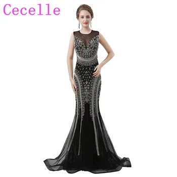 

Luxury Beaded Black Mermaid Evening Dresses 2019 Long Formal Crystals Sexy Open Back Sparkly Women Special Occasion Dress Real