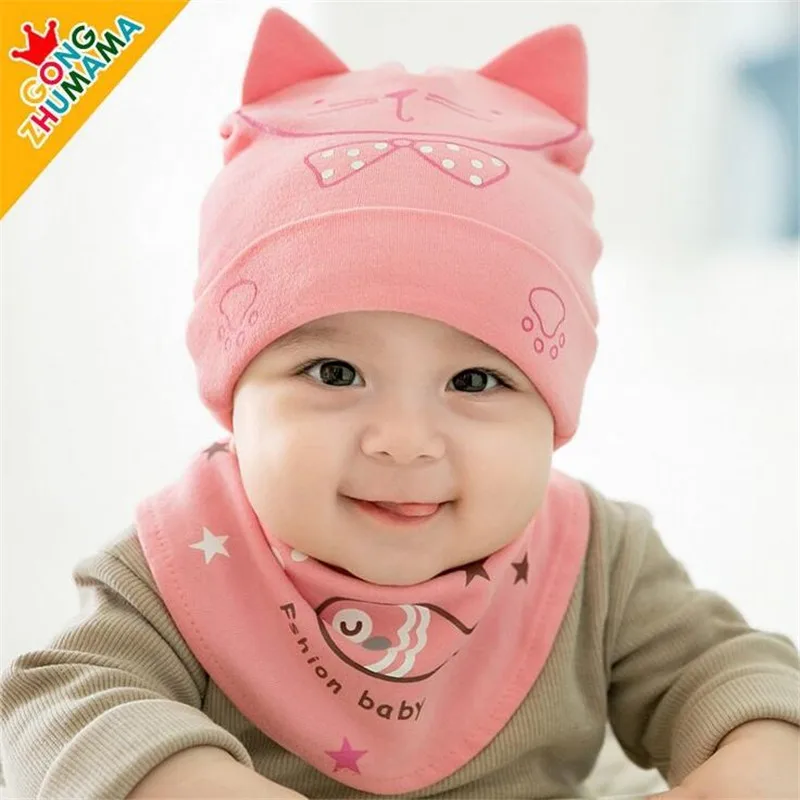 

2Pcs/Set Newborn Baby Knitted Hat bib set Cartoon Cat Caps bibs Infant Boys Girls Autumn Winter Warm toddler Beanie Set