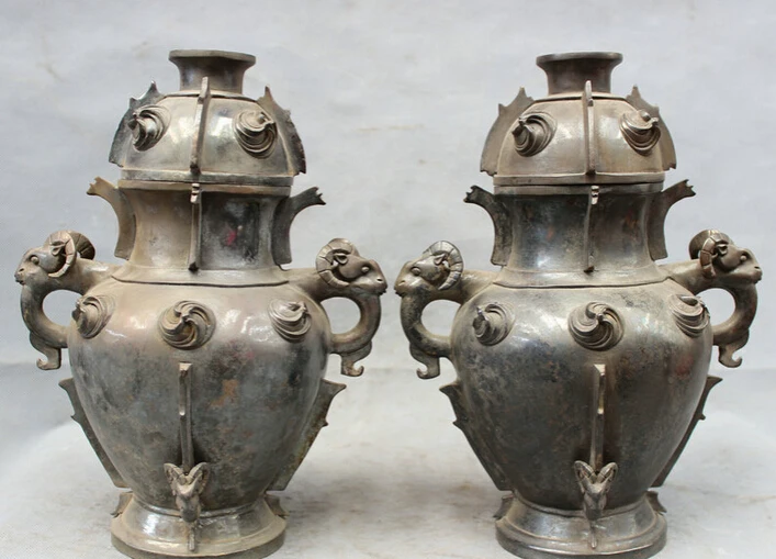 

USPS to USA S1839 12" Chinese Dynasty Palace Pure Bronze Copper Sheep Head Statue Jar Pot Pair (B0413)