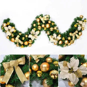 

2.7m Gold/Red Christmas Leaf Rattan Garland Luxury Bowknot Flower Balls Decorated Thick Mantel Fireplace Xmas Garland Pine Tree