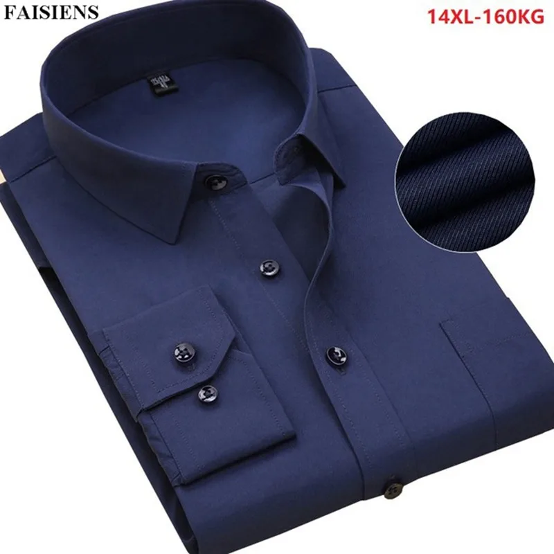 

FAISIENS Men Large Size Formal Shirt Long Sleeve Cotton 7XL 8XL 9XL10XL Comfortable Navy Blue Business Office Dress Shirts