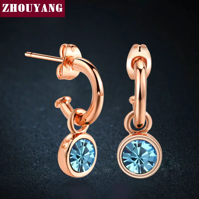 ZHOUYANG Simple Style Blue Cystal Rose Gold Color Drop Earrings For Women Wedding Party Gift Wholesale ZYE072 Top Quality
