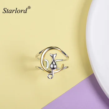 

Moon Cat Ring For Teen Girls 925 Sterling Silver Ring Adjustable Silver Ring Resizable Kitty Ring Gift For Her R6010BK