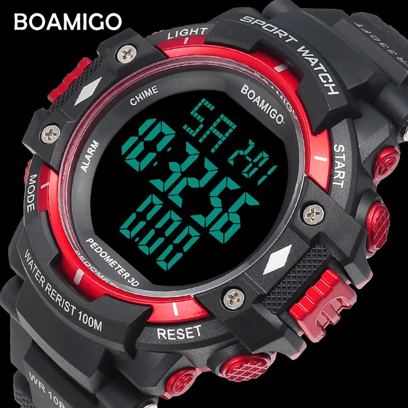 

chronograph men sport watch BOAMIGO brand pedometer LED digital military watches waterproof rubber wristwatches reloj hombre