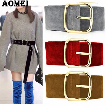 

Women Fashion Wide Lint Belts for Dresses Outercoat With Metal Buckle Ladies Western Trending Design Black Red Green Long Belt