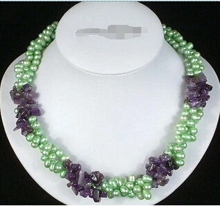 

FREE SHIPPING3 Rows Green Pearl Amethyst Beads 18KWGP Clasp Necklace