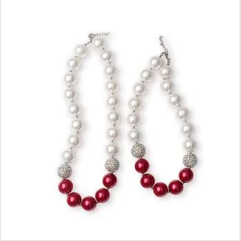 

2Set/Lot Lovely Jewelry Wholesale Kids Chunky Beads Necklace Mommy and Me Bubblegum Choker White and Red Necklace For Baby Girl
