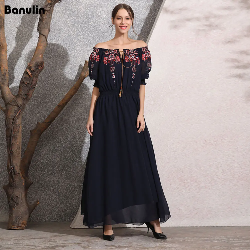 

Banulin Spring Summer Runway Dress Women's Short sleeve Embroidery Floral Print Bohemia Elegant Chiffon Maxi Dresses Long Robe
