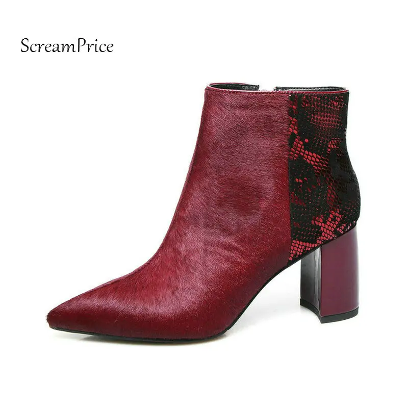 

The New Horse Hair Serpentine Square High Heel Zipper Woman Ankle Boots Fashion Pointed Toe Ladies Boots Black Wine Red