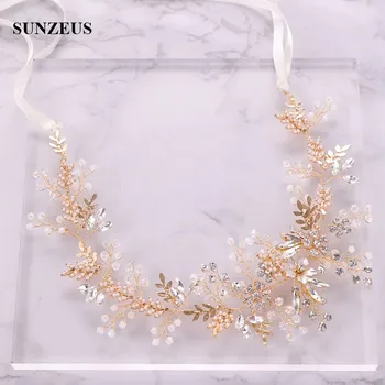 

High Quality Gold Leaves Bridal Headband With Crystals Pearls Wedding Head Chain Women Hair Accessories Bride Band Sash SQ356
