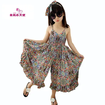 

Girls Dress Bohemia Children Summer Beach Dress for Girls Print V-neck Sleeveless Jumpsuits Maxi Dress 4 5 6 8 10 12 13 14 Years