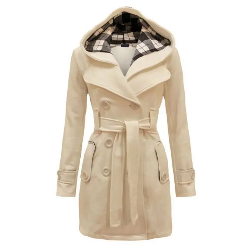 

Women Plaid Hooded Double-breasted Long Coat Slim Solid With Sashes Pockets Female Jacket Warm Windbreaker Plus Size