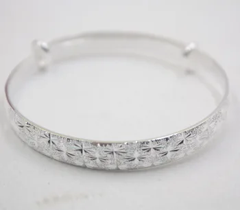 

S999 Sterling Silver Bangle For Women Girl Full Star Scrub Bangle 55-60mm Adjustable Bangle Female Ladies Jewelry Gift